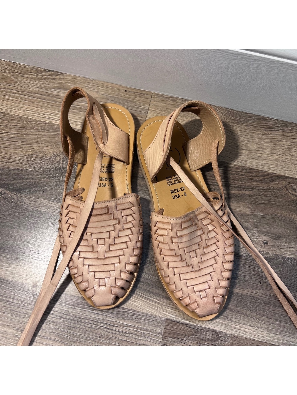 Tan Leather Huarache Lace Up Flats, Women's size 5